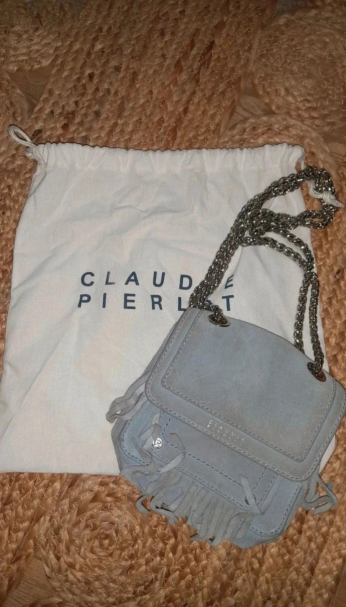 Small Claudie Pierlot blue deerskin bag with fringes Angela model model model – photo 3